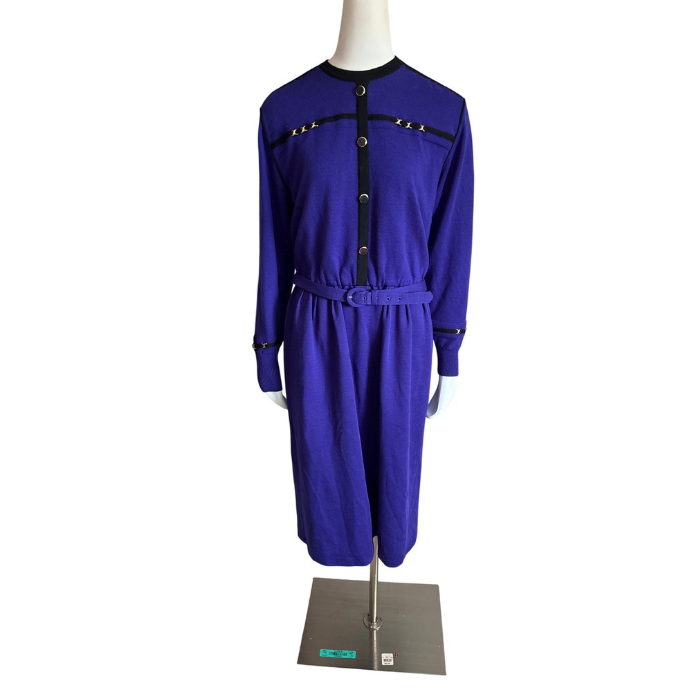 Vintage Talbots Purple Wool Belted Midi Dress Gold Hardware Long Sleeve Size 14